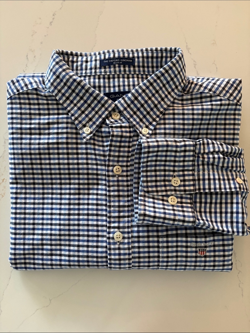 Gant Oxford Ginham Regular Button-Down Check Shirt in Blue and White SZ L 16 1/2